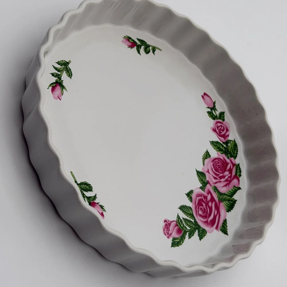 Christineholm Porcelain Quiche Tart Dish Pink Rose Fluted Round White‎ Bakeware